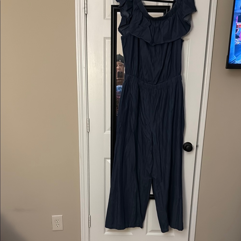 Ashley Stewart Midnight Blue Ruffle Jumpsuit